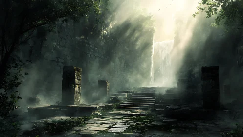 Ancient stone ruin stairway under mist and waterfall light.