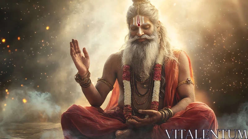 Enlightened yogi meditates in radiant golden spiritual light.