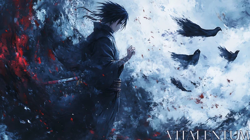 Dark clad swordsman with crows in abstract storm scene.
