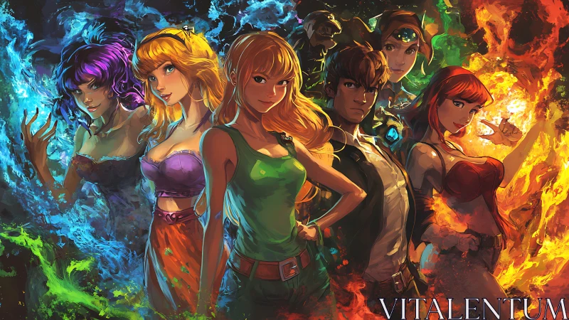 Elemental anime heroes framed by swirling colored flames.