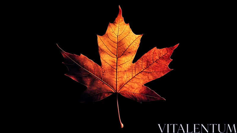 High-contrast macro study of illuminated autumn maple leaf.