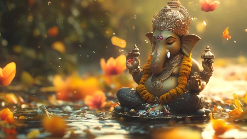 Peaceful Ganesha statue glowing in soft golden petals.