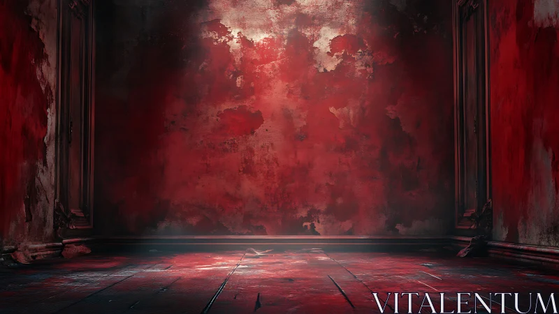 Decayed crimson chamber with textured patina and raking light.