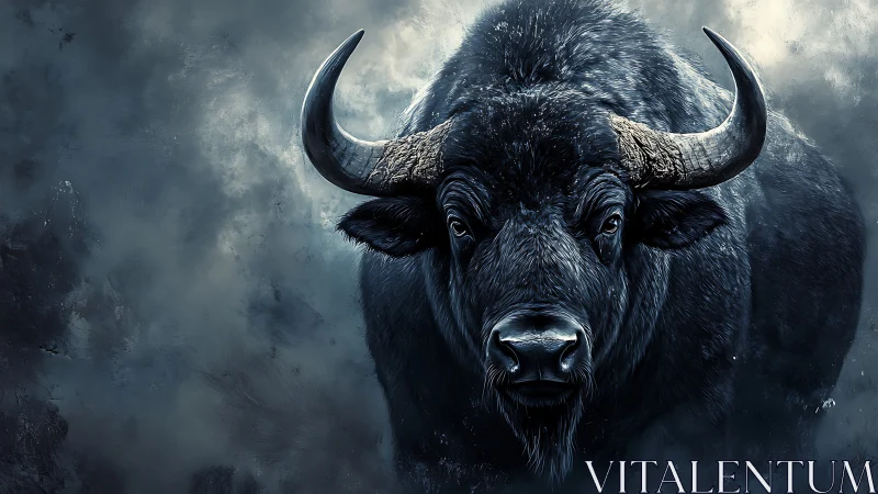 Frontal bison charge in high-contrast atmospheric digital rendering.