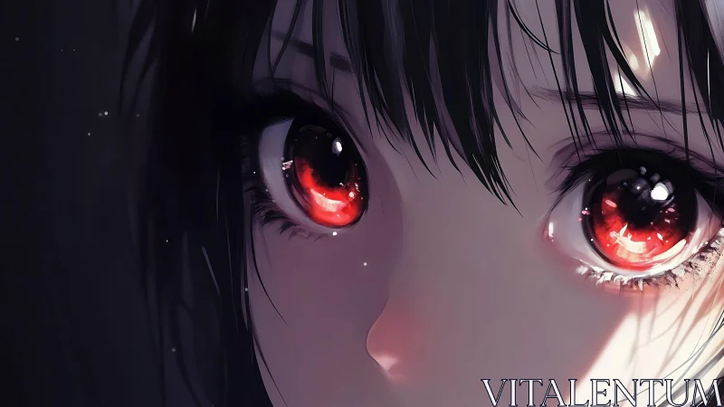 Close anime portrait of girl with red reflective eyes in dark.