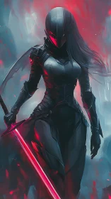 Armored sci fi warrior strides through crimson digital storm.