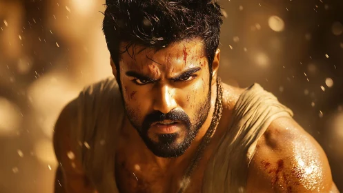 Battle-hardened warrior close-up under warm cinematic backlight