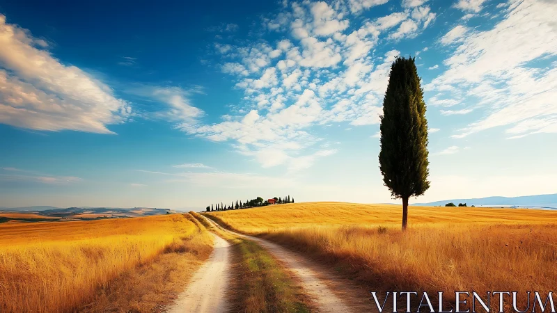 Golden country road under vast blue sky in summer fields.