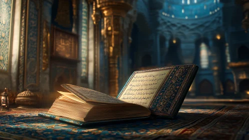 Sacred book resting in golden light of a tranquil mosque.