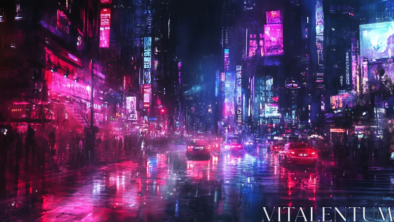 Neon rain drifting over a dreamy late night city street.