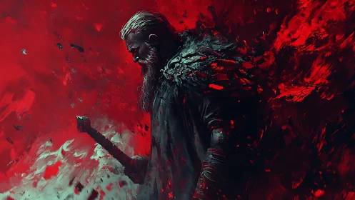 Brooding warrior wrapped in swirling red battle storm.