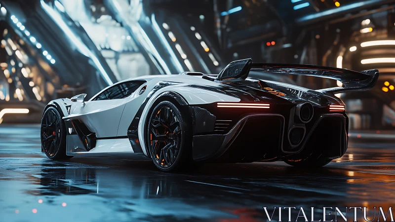 Futuristic hypercar glows under neon-lit cyberpunk hangar