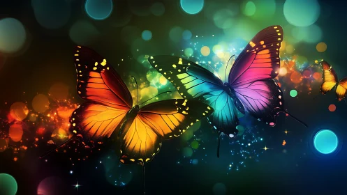 Luminous rainbow butterflies drift through sparkling neon dusk.