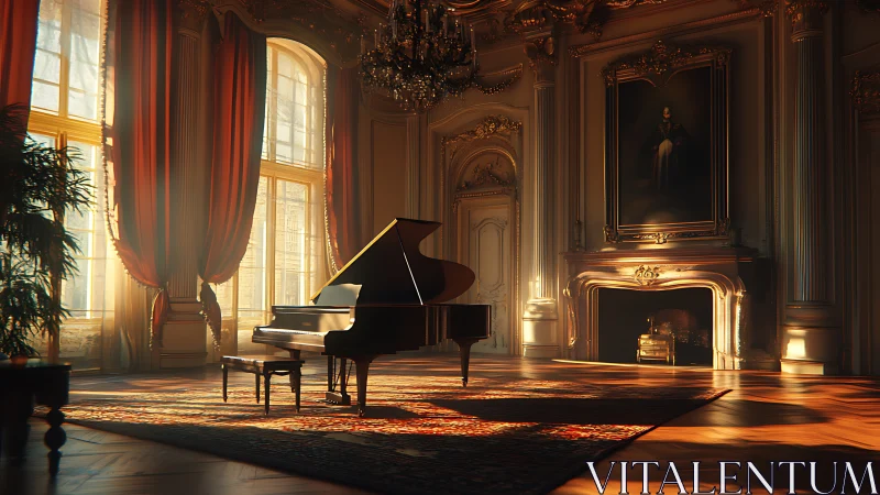 Sunlit grand piano quietly rules an opulent golden salon