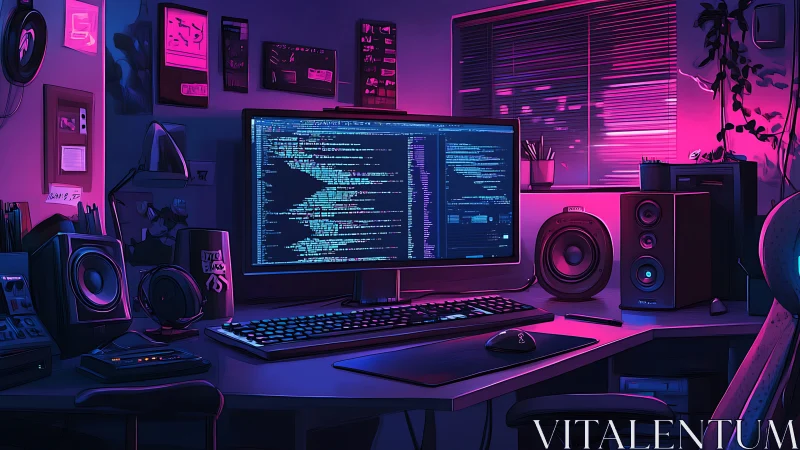 Dual-monitor coding workstation in neon lit home office.