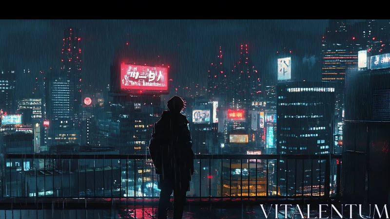 Neon city skyline glows as a lone figure watches in rain
