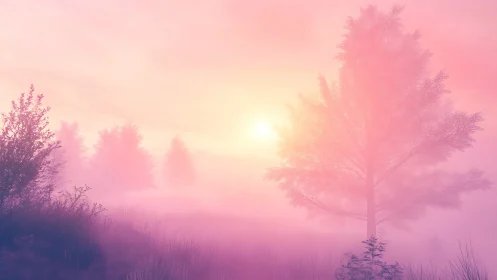 Pastel dawn forest landscape in diffuse radiant mist glow.