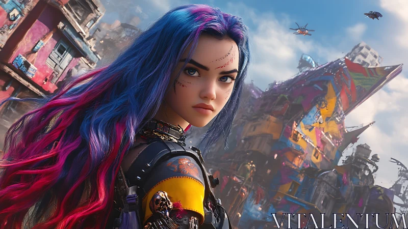 Neon-haired street rebel in chaotic cyberpunk favela.