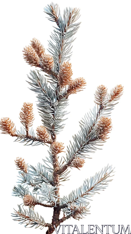 Evergreen conifer branch shows frosted needles and cones