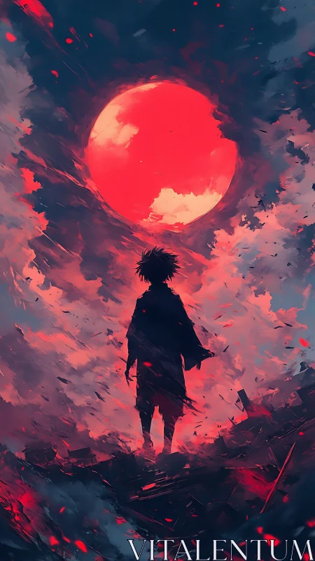 Silhouetted figure under ominous red moon in burning sky.