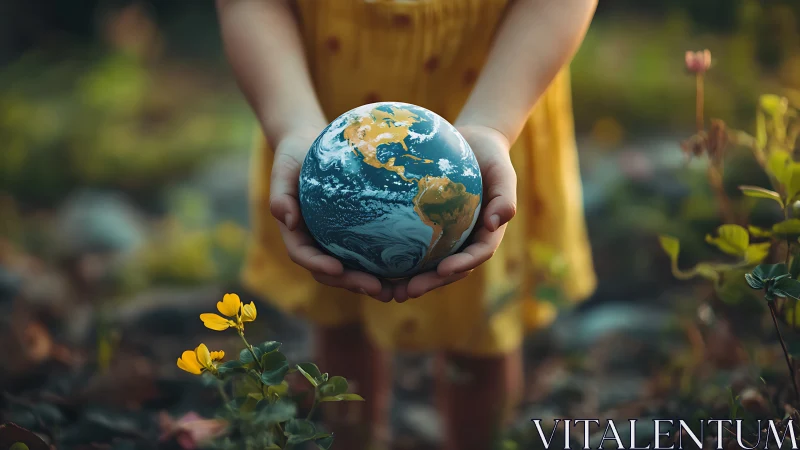 Child holding stylized Earth globe in soft garden scene.
