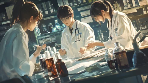 Medical researchers in lab coats working at busy lab table.