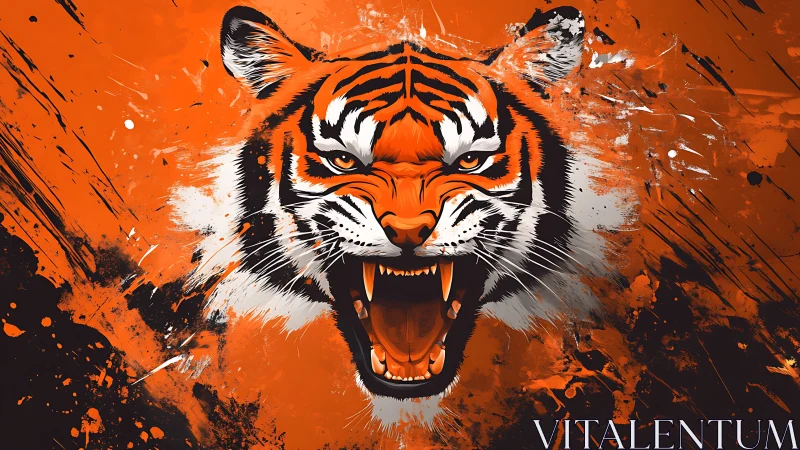 Tiger head illustration with open jaws on splattered backdrop.