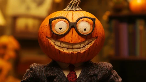 Cheerful pumpkin professor grinning in a cozy study.