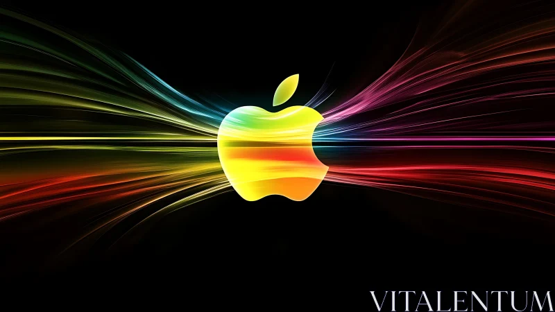 Iridescent apple-shaped emblem emits multicolor radial light trails