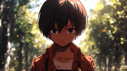 Backlit anime teen under shallow-depth woodland bokeh field.