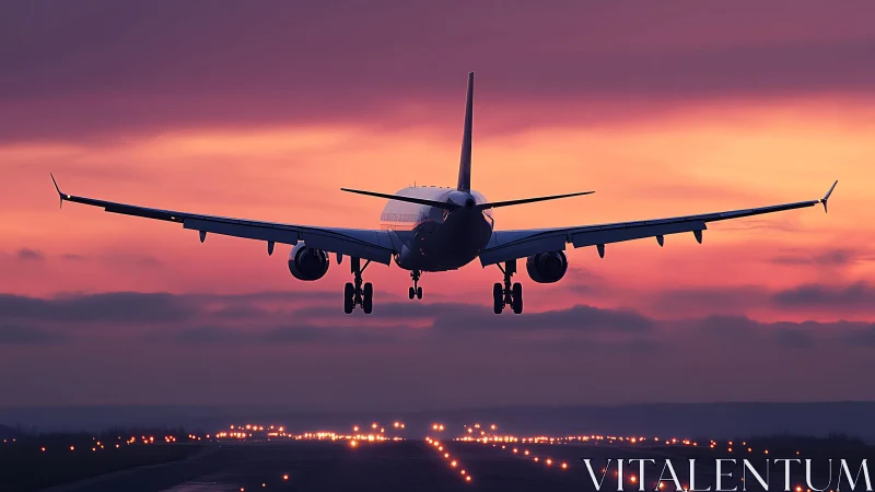 Passenger jet approaches illuminated runway at vivid sunset
