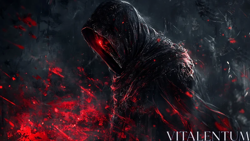 Hooded dark figure with red energy in abstract environment.