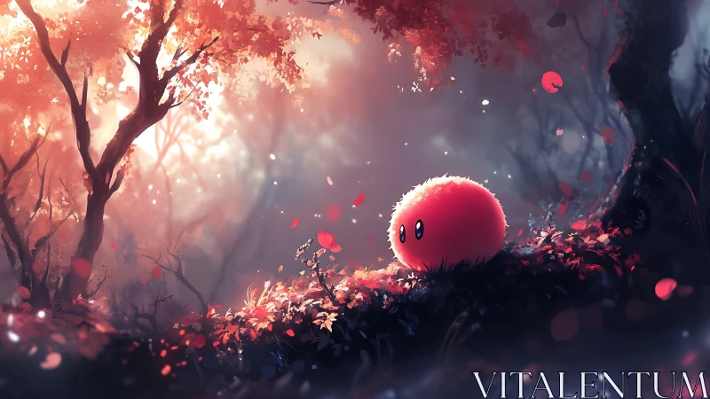 Fluffy red creature in ethereal autumn forest glow.