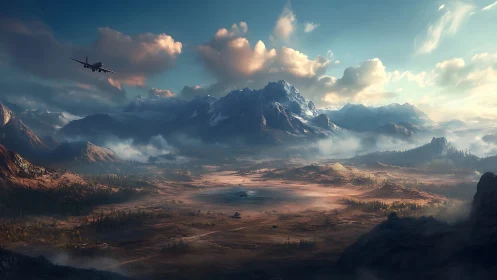 Wide-angle aircraft approach over volumetric-lit alpine basin