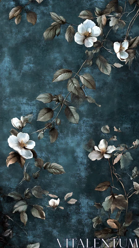 Delicate White Blossoms Dance Across Weathered Teal Canvas