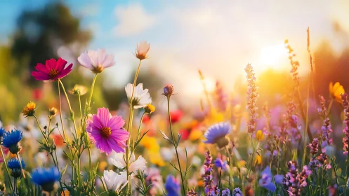 Wildflower Meadow Ablaze with Golden Sunset Illumination.