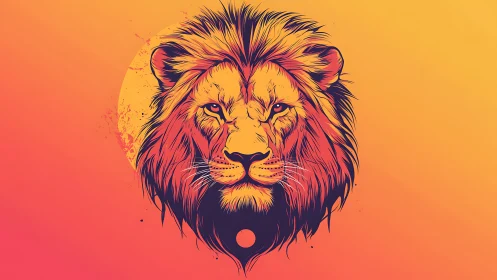 Lion head illustration glows against vivid sunset gradient.