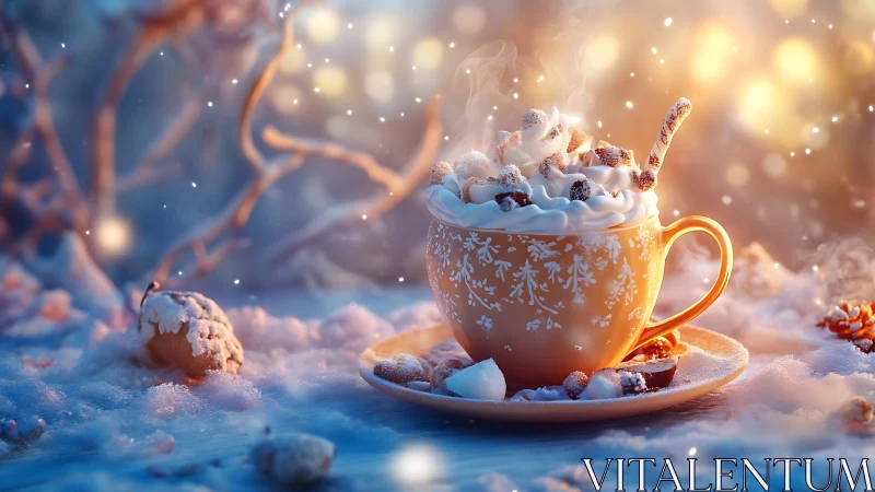 Steaming winter cocoa glows softly amid snowy twilight bokeh.