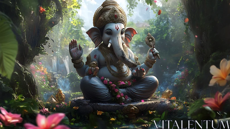 Gentle forest Ganesha basking in soft, magical sunlight.