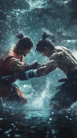 Hydrodynamic duel of armored samurai in cinematic turbulence.