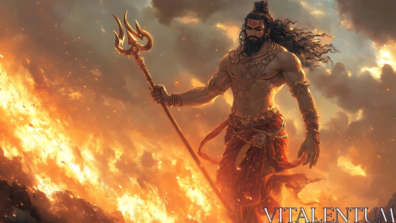 Fiery sky wanderer with trident striding through embers.