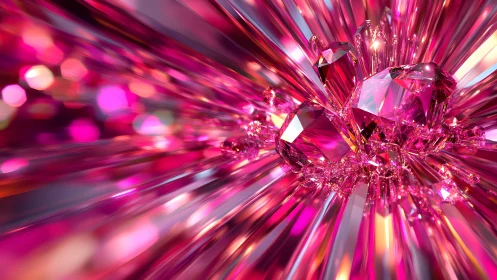 Vibrant pink gemstones in dynamic abstract burst style artwork.