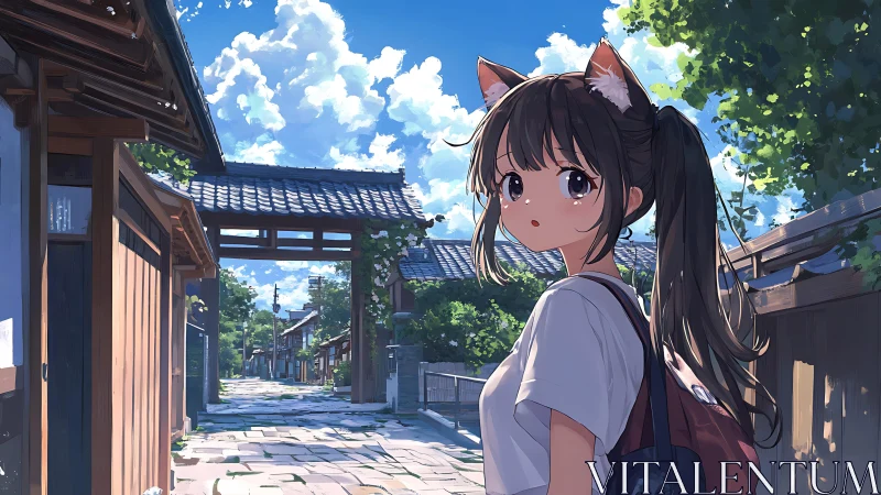 Cat-eared girl walking sunlit traditional Japanese street.