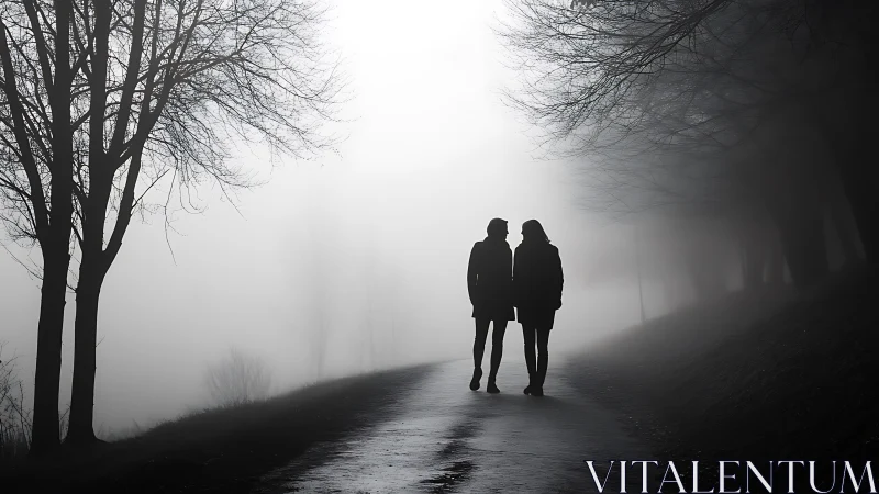 Two Figures Walking Through Mist and Bare Trees.