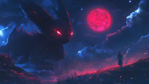 Giant shadow creature confronts lone figure under red moon.