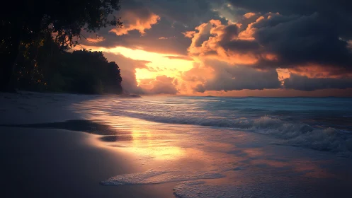 Low-tide shoreline captures specular sunset reflections and cloud drama