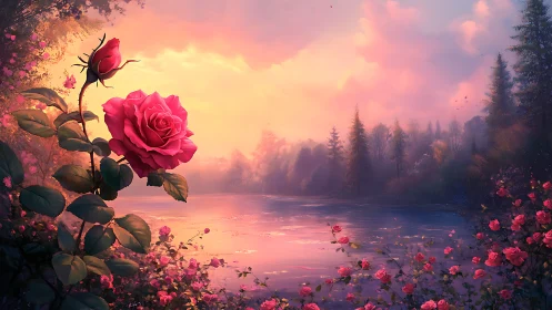 Blossoming pink rose rests gently beside a glowing riverside