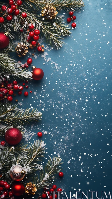 Festive evergreen branches frame red baubles in falling snow.