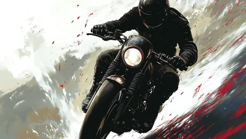 Motorcyclist rides forward through abstract painted background