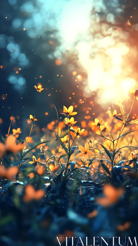 Backlit wildflowers glow against cool bokeh dusk field